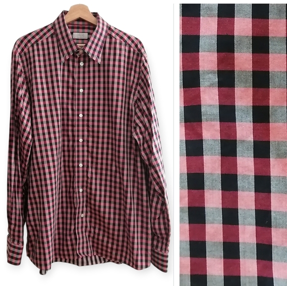 Eton Contemporary Fit Black And Raspberry Red Plaid Button Down Shirt 18 - Picture 1 of 15
